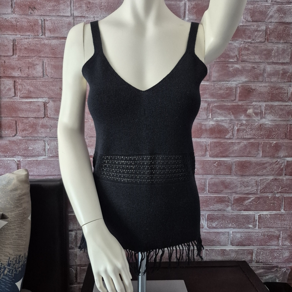 Fringed Black Knit Tank Top By Great American Sweater Co